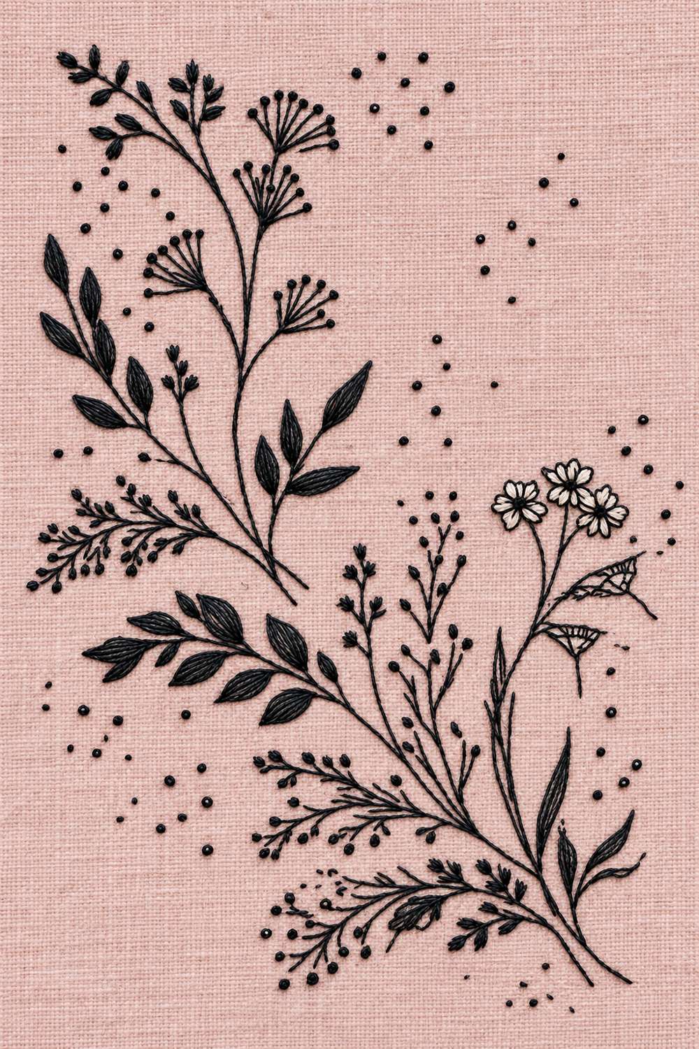 Hand embroidery of two diagonal airy botanical branches, one at upper left with umbrella seed heads and leaves and one at lower right with little flowers and fine buds in charcoal and ivory cotton on soft pale dusty rose linen.