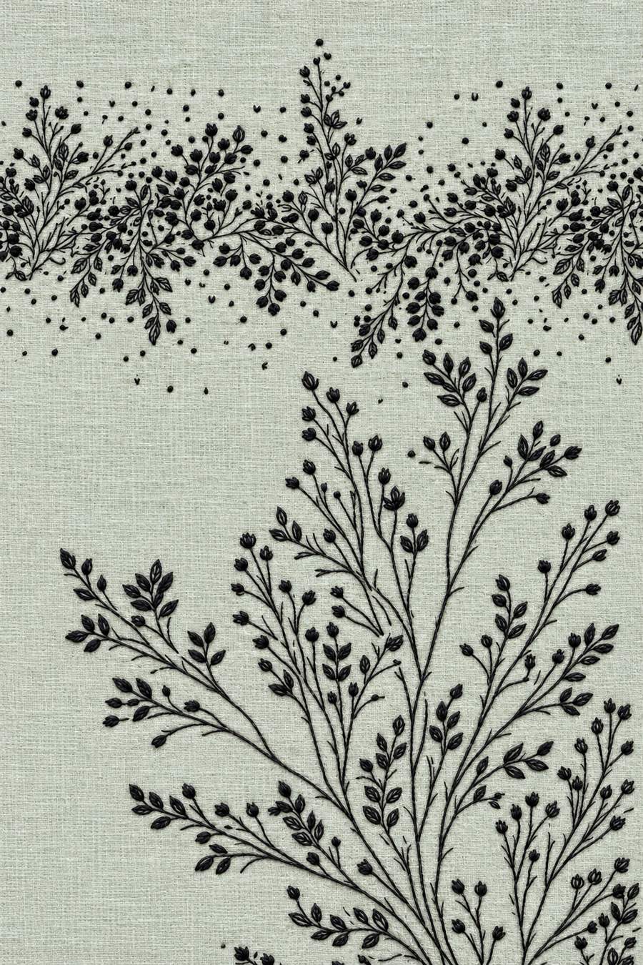 Hand embroidery of a dense horizontal leafy floral border across the upper page above one tall fine branching botanical spray growing from the lower-right edge, with original open left spaces in charcoal-black and ivory cotton on pale muted celadon linen.