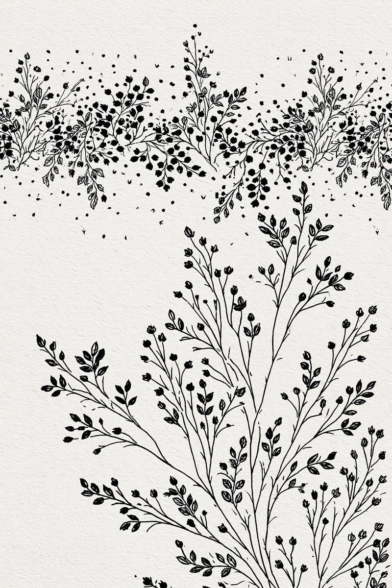 Original design: a dense horizontal leafy floral border across the upper page above one tall fine branching botanical spray growing from the lower-right edge, with original open left spaces.