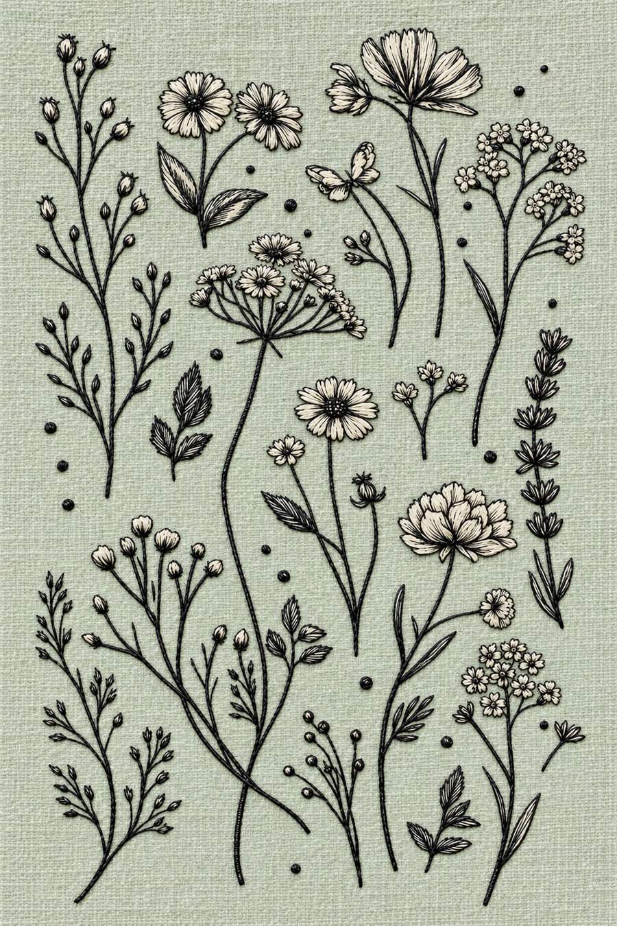 Hand embroidery of an airy wildflower sampler of separate bud stems, daisies, poppy-like flowers, umbrella blossoms and lavender spikes in charcoal and ivory cotton on pale muted celadon linen.