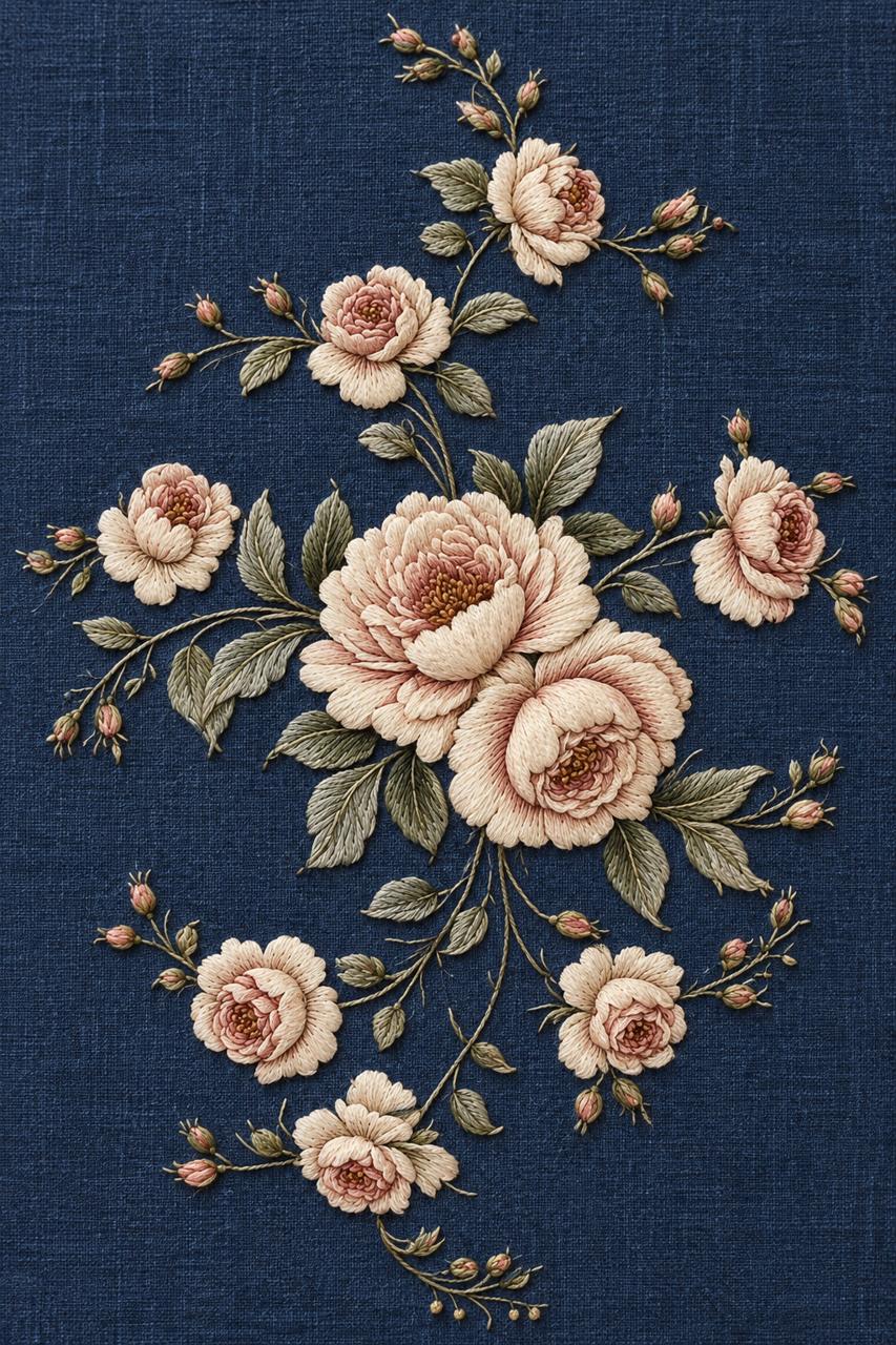 Digital embroidery visualization: ivory and antique blush roses with celadon foliage on indigo linen.