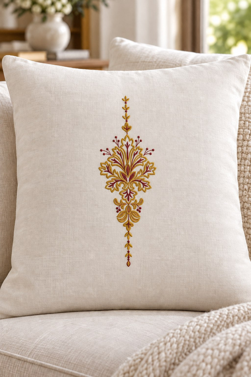 Photorealistic slender acanthus pendant machine embroidery in antique brass and deep garnet thread on a large linen cushion, shown as one fabric-stitched motif