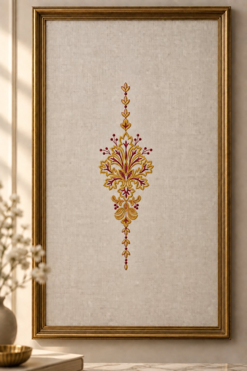 Photorealistic slender acanthus pendant machine embroidery in antique brass and deep garnet thread on a framed linen textile, shown as one fabric-stitched motif