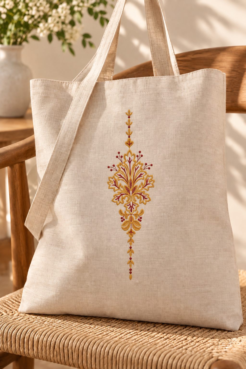 Photorealistic slender acanthus pendant machine embroidery in antique brass and deep garnet thread on a roomy linen tote bag, shown as one fabric-stitched motif