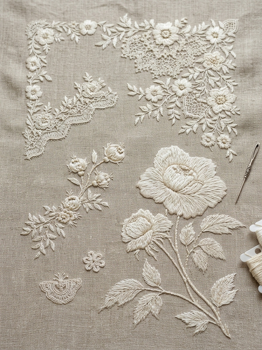 Bridal Linen Accent Set French from French Embroidery & La Broderie Blanche Book 5, a digital embroidery design reference for machine embroidery designs, embroidery patterns and lace and broderie details.