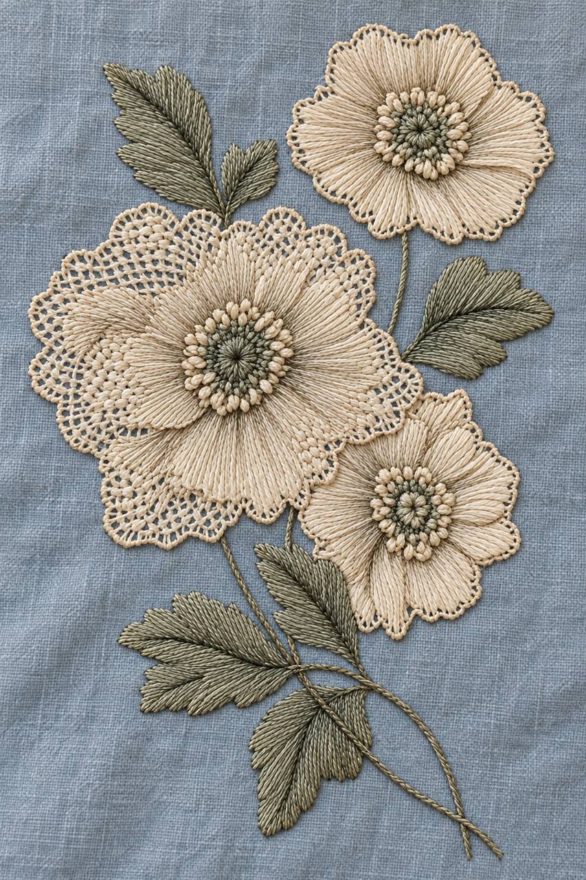Digital embroidery visualization of three ivory lace-inspired flowers and sage leaves on powder blue linen.