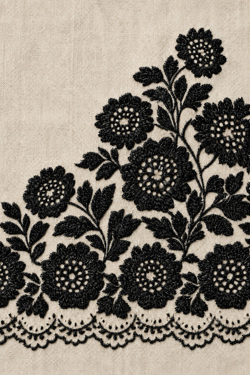 Broderie Inspired Floral Edge from Botanical Embroidery Designs Book 4, a digital embroidery design reference for machine embroidery designs, embroidery patterns and border and edge embroidery.