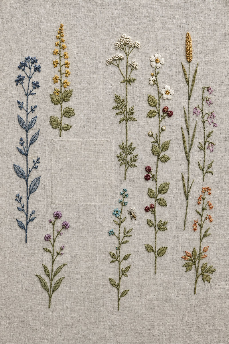 Illustrative embroidery design: Independent wildflower stems form a broken stripe across the cloth.