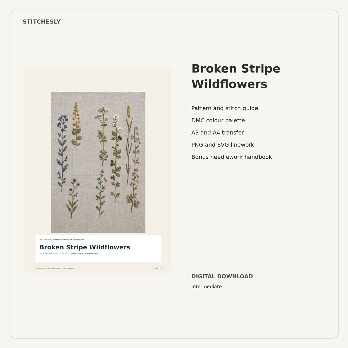 Broken Stripe Wildflowers PDF stitch guide cover, pattern files and bonus needlework handbook.
