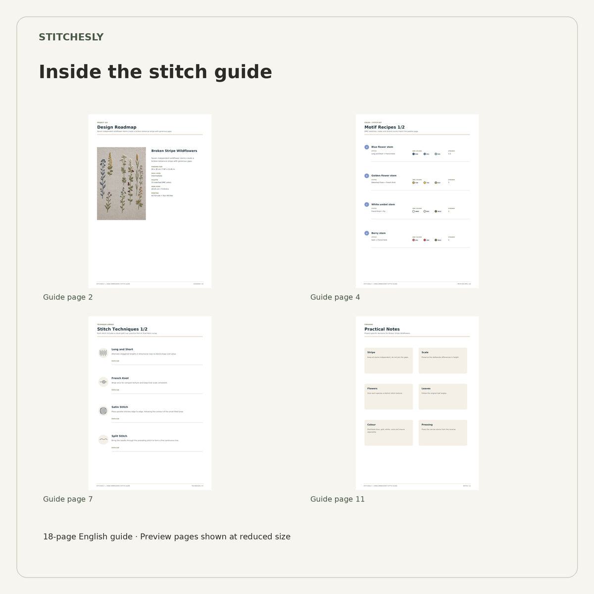 Four reduced-size preview pages from the 18-page Broken Stripe Wildflowers stitch guide.