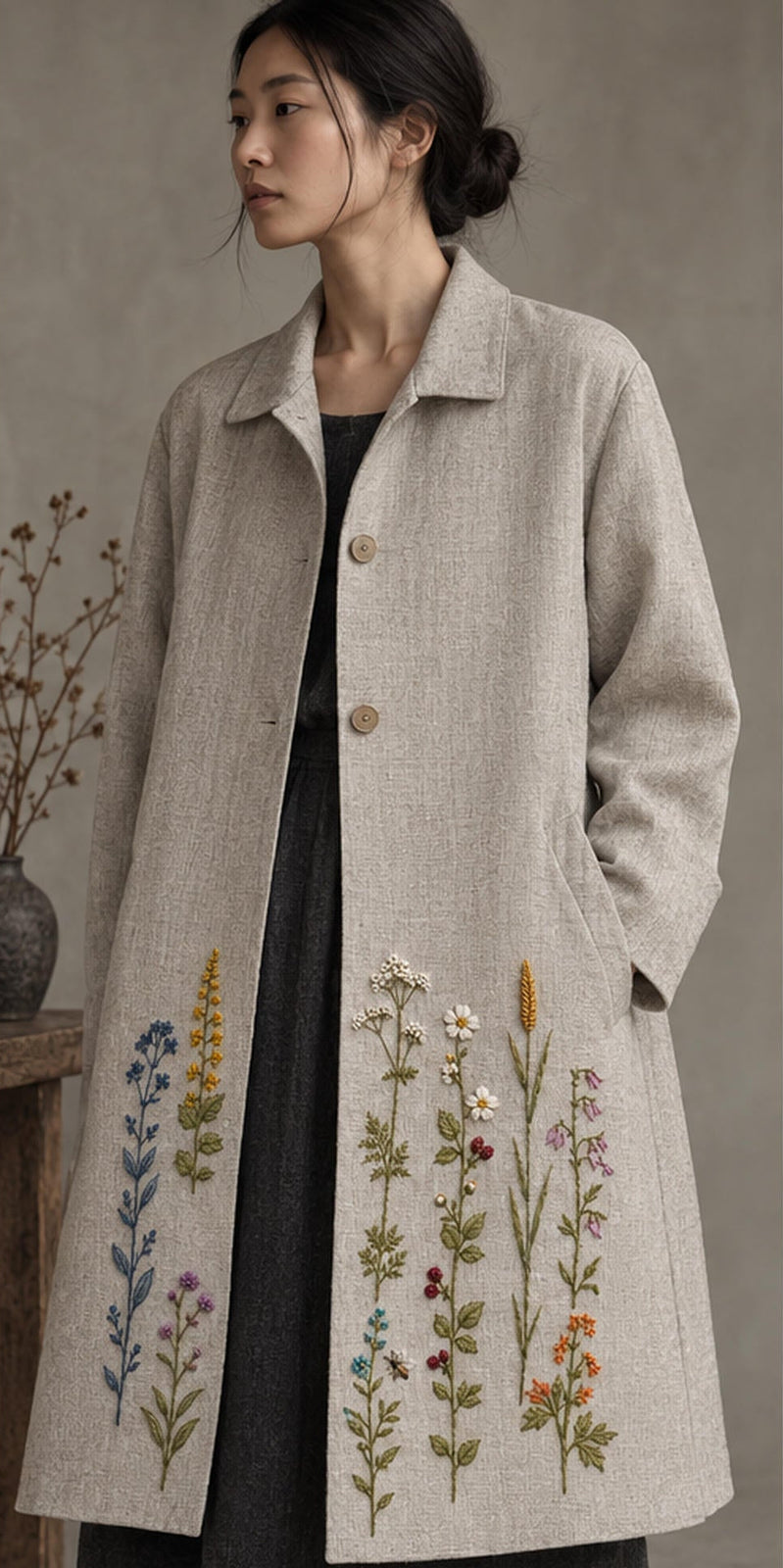 Light linen coat mockup featuring the Broken Stripe Wildflowers hand embroidery design. Independent wildflower stems form a broken stripe across the cloth.