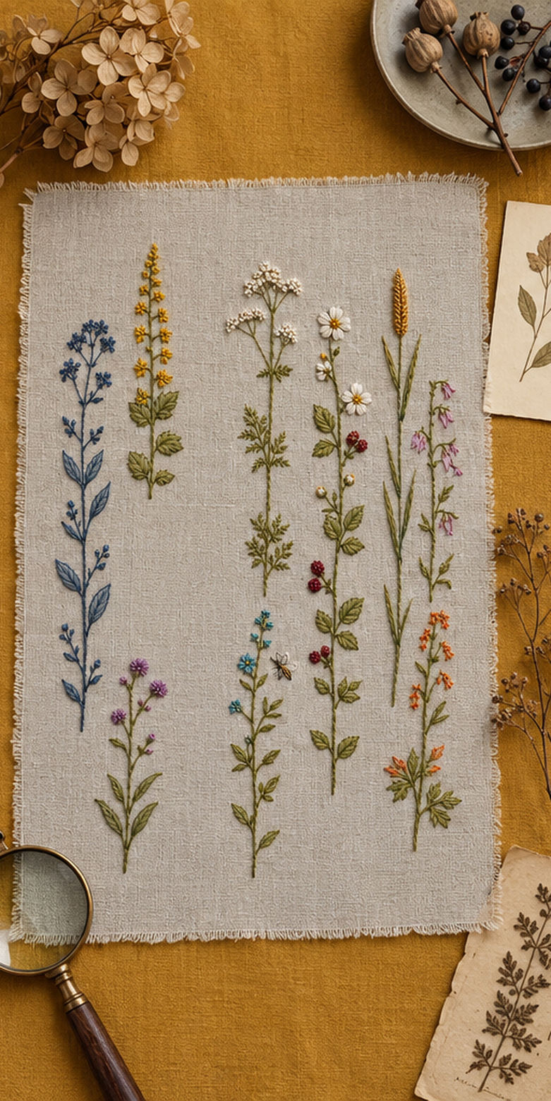 Floral textile flat lay mockup featuring the Broken Stripe Wildflowers hand embroidery design. Independent wildflower stems form a broken stripe across the cloth.