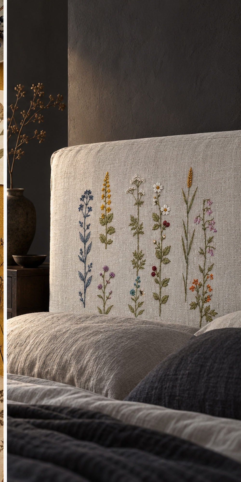 Linen cushion on a chair mockup featuring the Broken Stripe Wildflowers hand embroidery design. Independent wildflower stems form a broken stripe across the cloth.