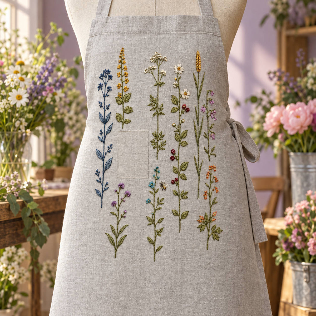 Linen tote bag mockup featuring the Broken Stripe Wildflowers hand embroidery design. Independent wildflower stems form a broken stripe across the cloth.