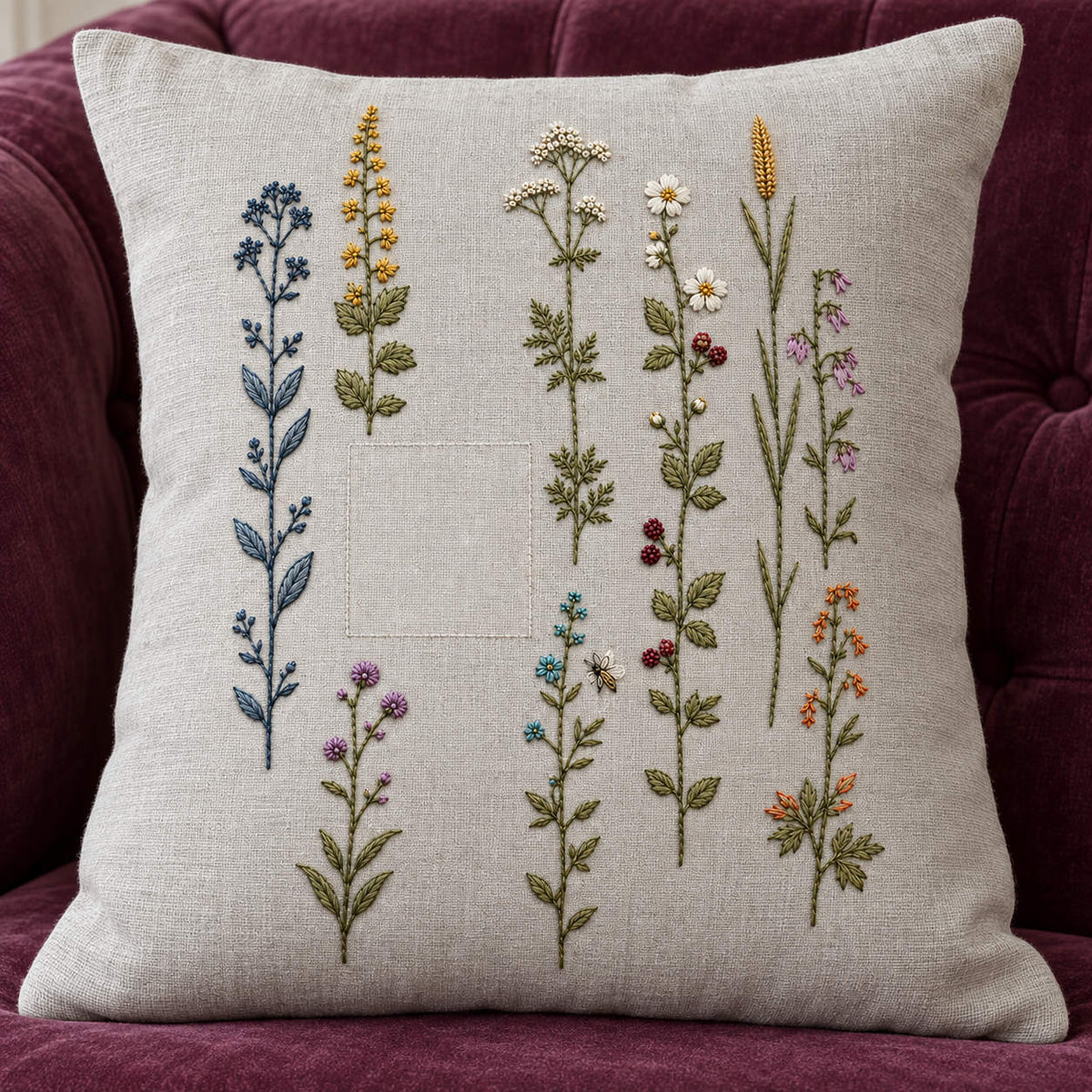 Linen cushion mockup featuring the Broken Stripe Wildflowers hand embroidery design. Independent wildflower stems form a broken stripe across the cloth.