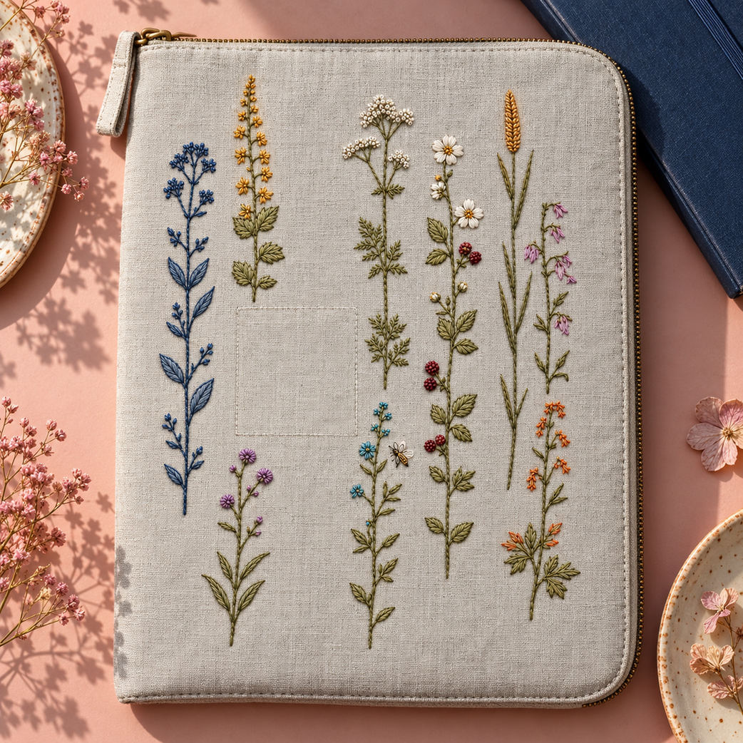 Linen notebook cover mockup featuring the Broken Stripe Wildflowers hand embroidery design. Independent wildflower stems form a broken stripe across the cloth.