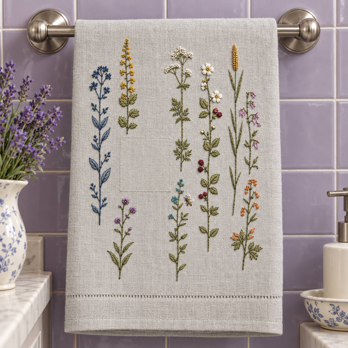 Close view of floral stripes mockup featuring the Broken Stripe Wildflowers hand embroidery design. Independent wildflower stems form a broken stripe across the cloth.