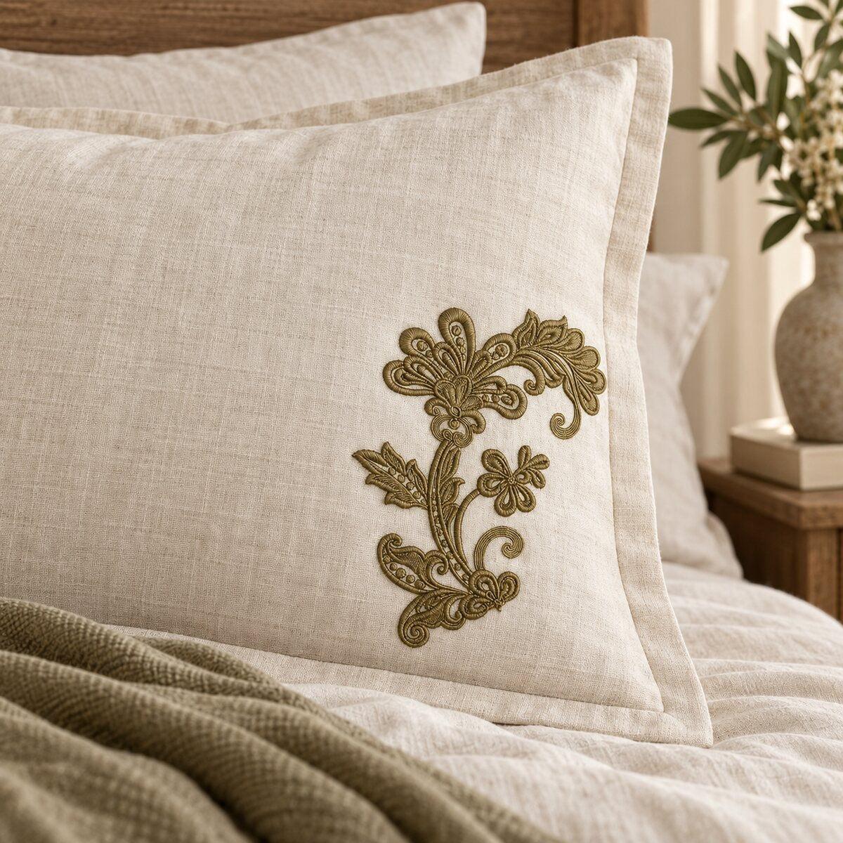 Bronze-olive floral scroll corner machine embroidery on a natural linen bed sham