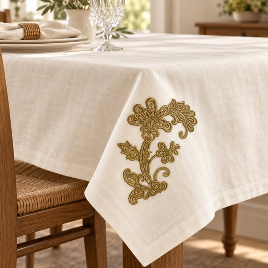 Single-color bronze-olive floral scroll corner machine embroidery on a warm-white linen tablecloth