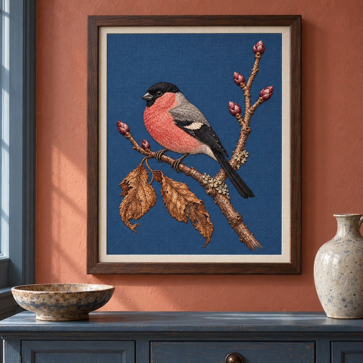 Bullfinch Under the Winter Buds visual mockup shown as a framed textile in a gallery niche, with the design on muted blue linen.