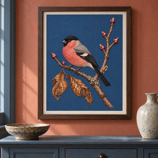 Bullfinch Under the Winter Buds visual mockup shown as a framed textile in a gallery niche, with the design on muted blue linen.