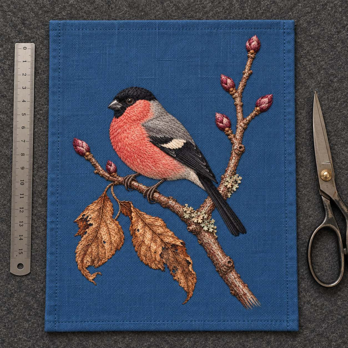 Bullfinch Under the Winter Buds visual mockup shown as a textile panel on a stone platform, with the design on muted blue linen.