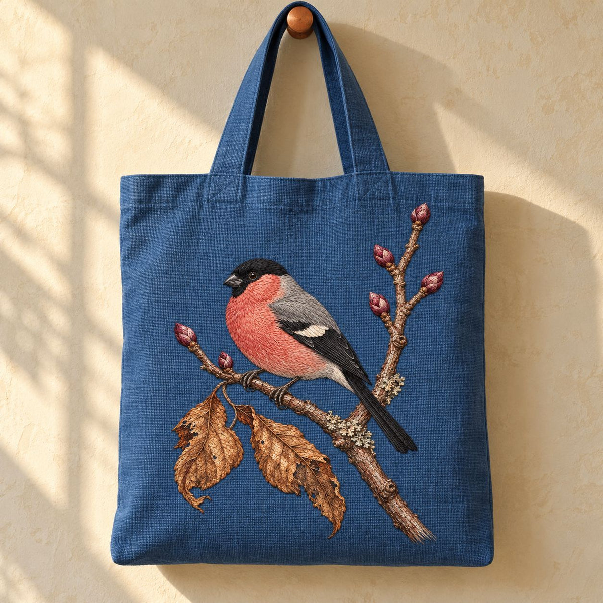 Bullfinch Under the Winter Buds visual mockup shown on the front of a structured linen tote, with the design on muted blue linen.