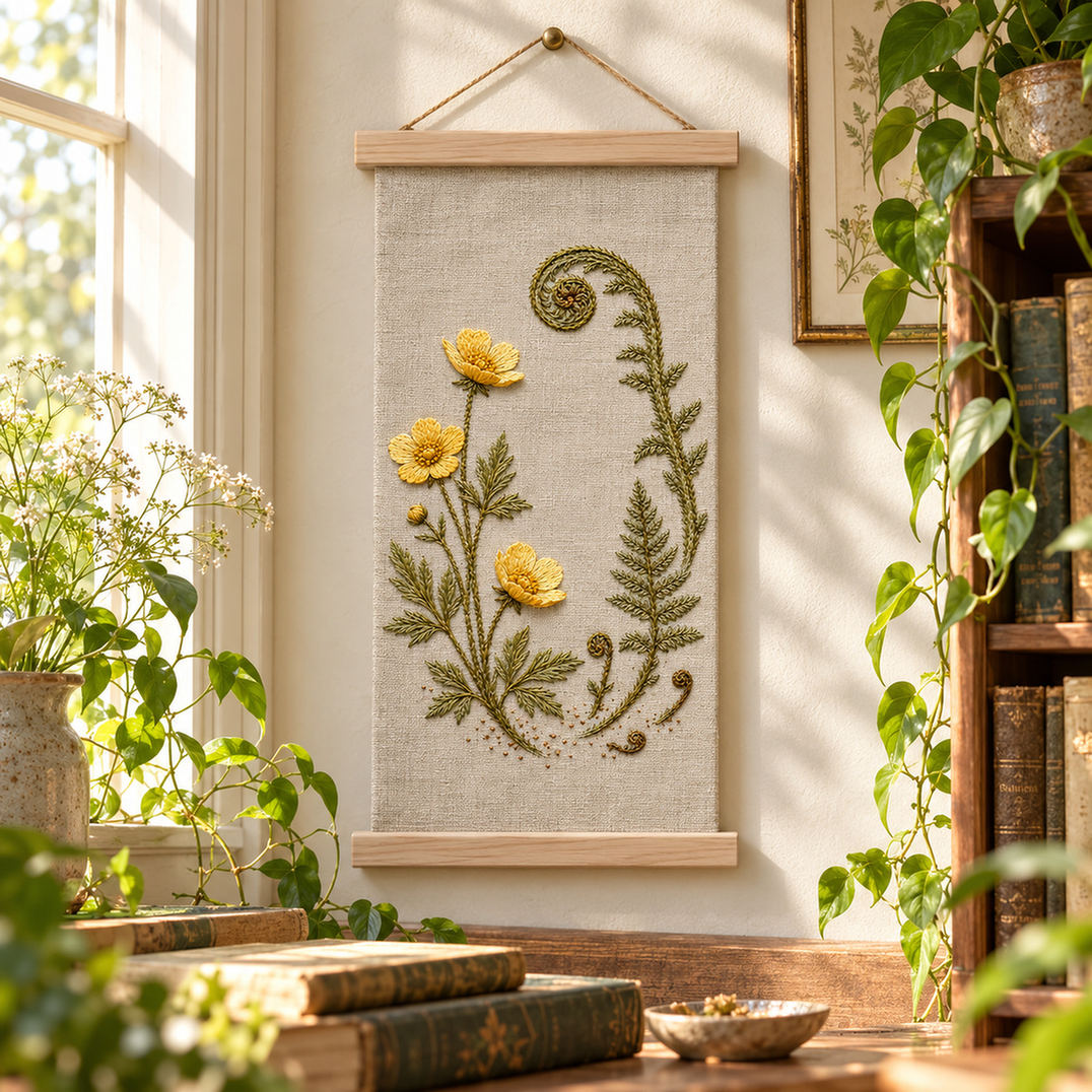 Hanging botanical linen mockup featuring the Buttercup and Fern Tip hand embroidery design. Buttercup flowers sit alongside the divided foliage of a fern tip in this botanical embroidery pattern.