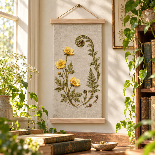 Hanging botanical linen mockup featuring the Buttercup and Fern Tip hand embroidery design. Buttercup flowers sit alongside the divided foliage of a fern tip in this botanical embroidery pattern.