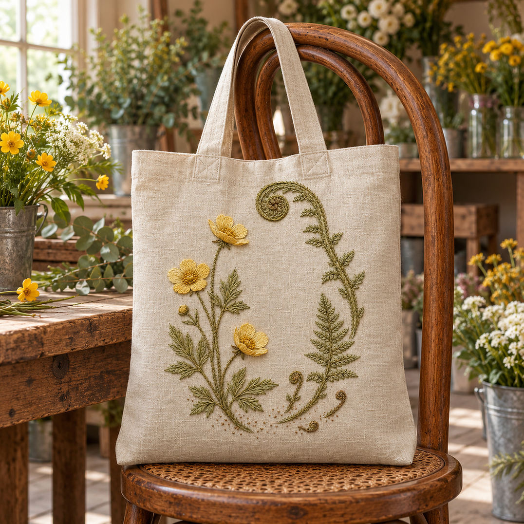 Linen tote bag mockup featuring the Buttercup and Fern Tip hand embroidery design. Buttercup flowers sit alongside the divided foliage of a fern tip in this botanical embroidery pattern.