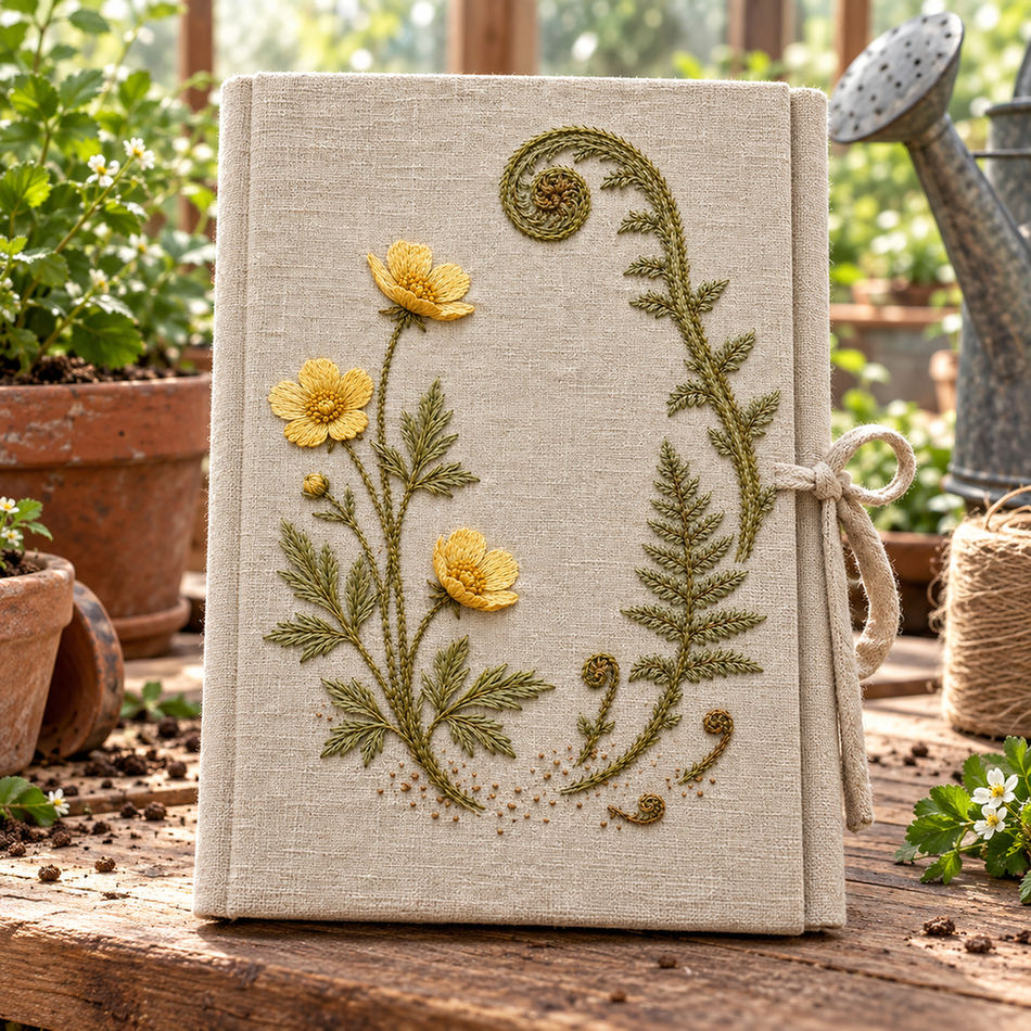 Framed floral panel mockup featuring the Buttercup and Fern Tip hand embroidery design. Buttercup flowers sit alongside the divided foliage of a fern tip in this botanical embroidery pattern.