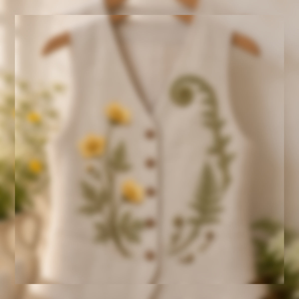 Close view of floral linen mockup featuring the Buttercup and Fern Tip hand embroidery design. Buttercup flowers sit alongside the divided foliage of a fern tip in this botanical embroidery pattern.