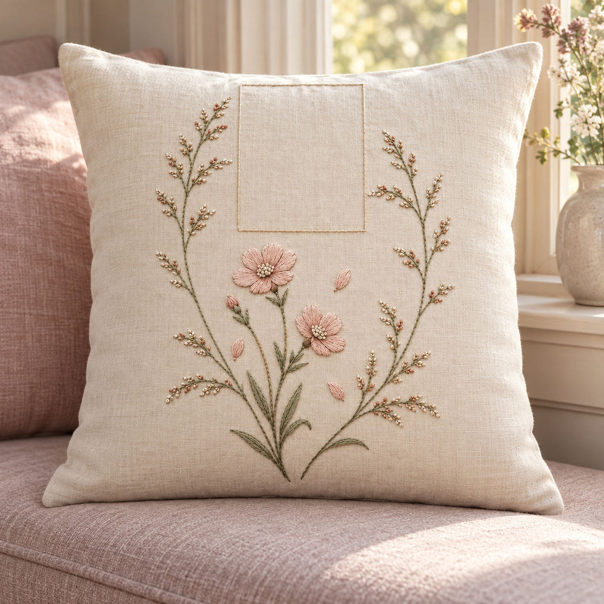 Linen cushion mockup featuring the Campion and Bluegrass hand embroidery design. Campion flowers and bluegrass bring two familiar meadow structures into one hand embroidery pattern.