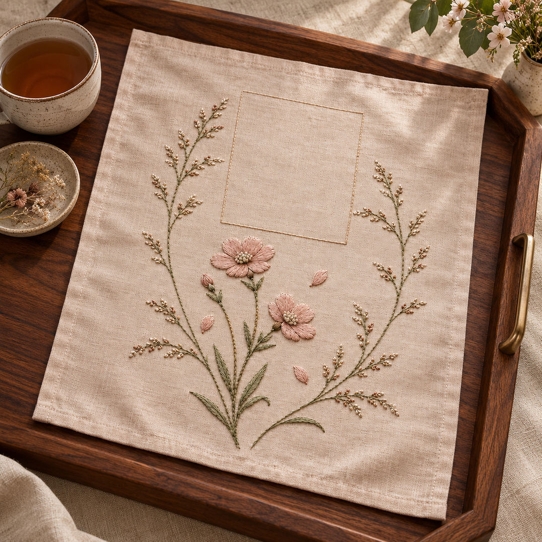 Linen laid on a table mockup featuring the Campion and Bluegrass hand embroidery design. Campion flowers and bluegrass bring two familiar meadow structures into one hand embroidery pattern.