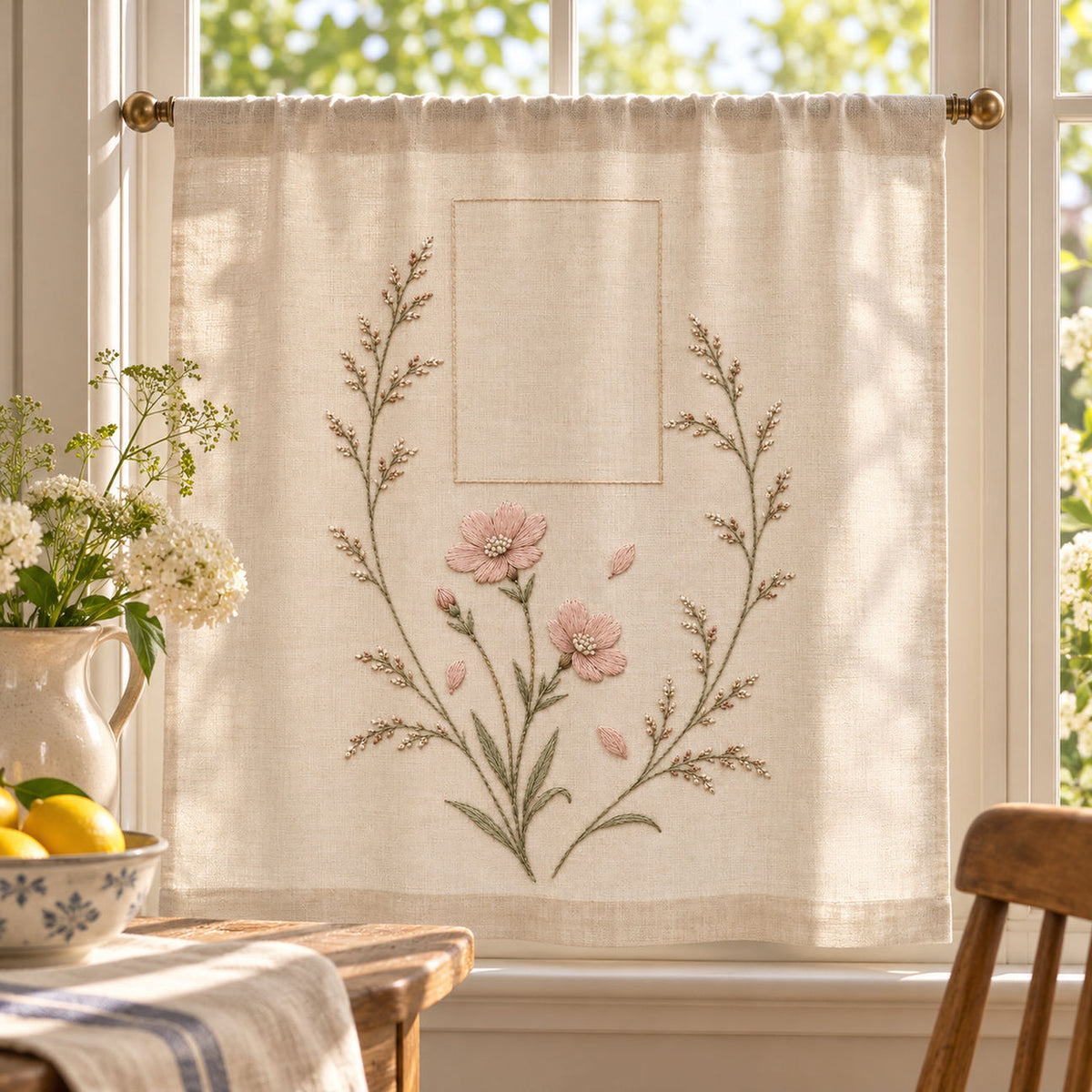 Hanging floral panel mockup featuring the Campion and Bluegrass hand embroidery design. Campion flowers and bluegrass bring two familiar meadow structures into one hand embroidery pattern.