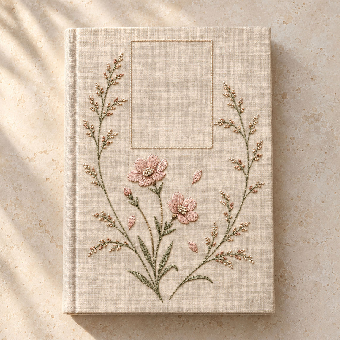 Botanical linen wall panel mockup featuring the Campion and Bluegrass hand embroidery design. Campion flowers and bluegrass bring two familiar meadow structures into one hand embroidery pattern.