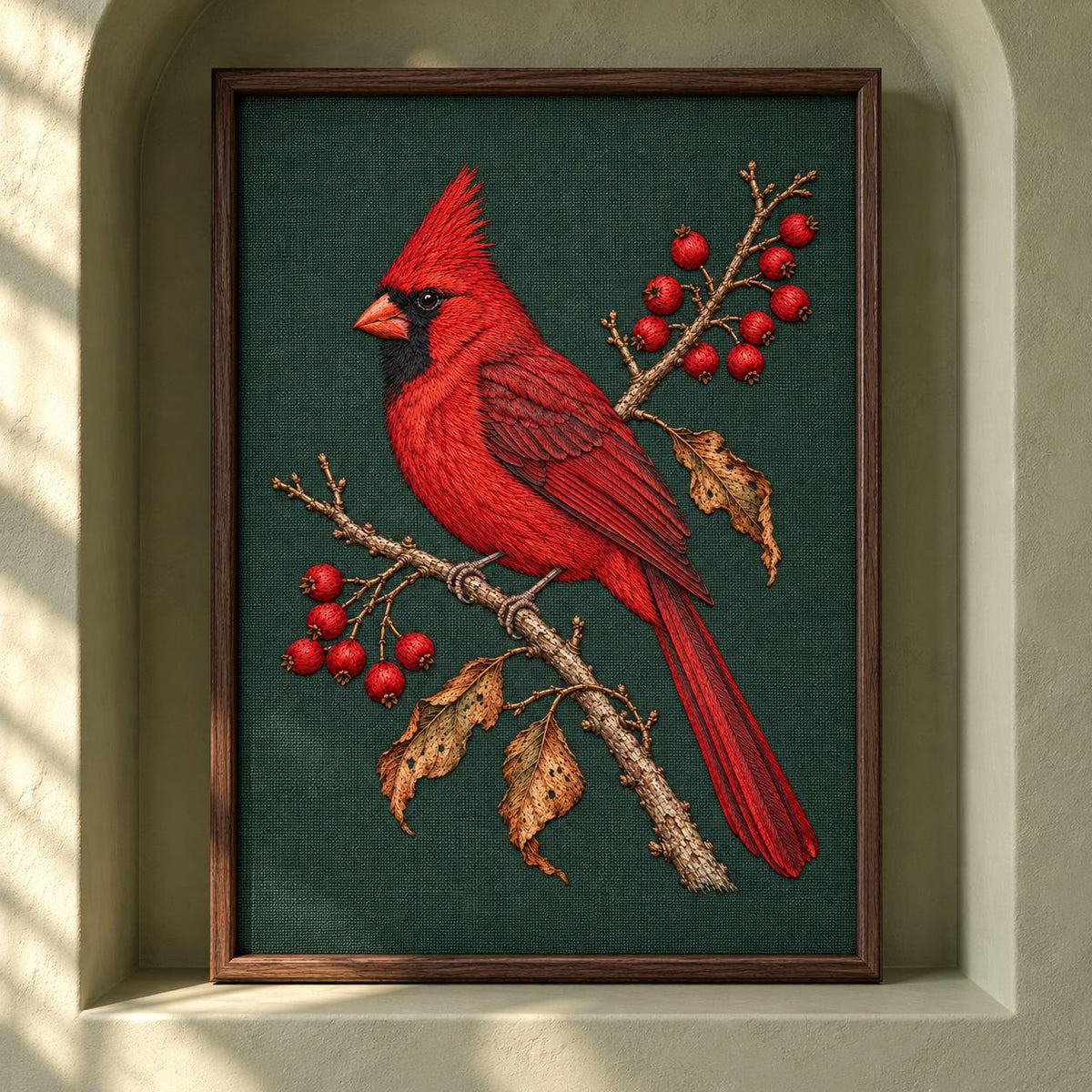 Cardinal at the Winterberry Flame visual mockup shown as a framed textile in a gallery niche, with the design on deep forest-green linen.