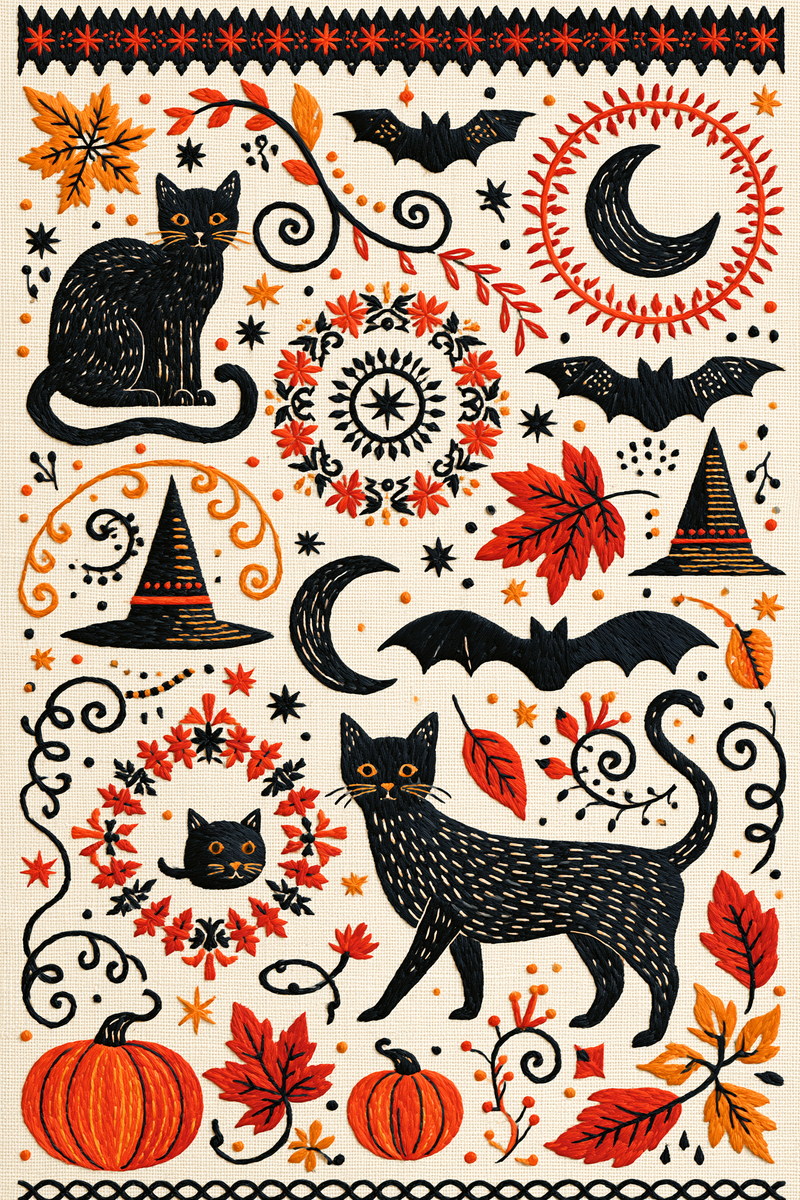 Cats Bats Moons And Halloween from Halloween & Autumn Embroidery Book 4, a digital embroidery design reference for machine embroidery designs, embroidery patterns and seasonal embroidery motifs.