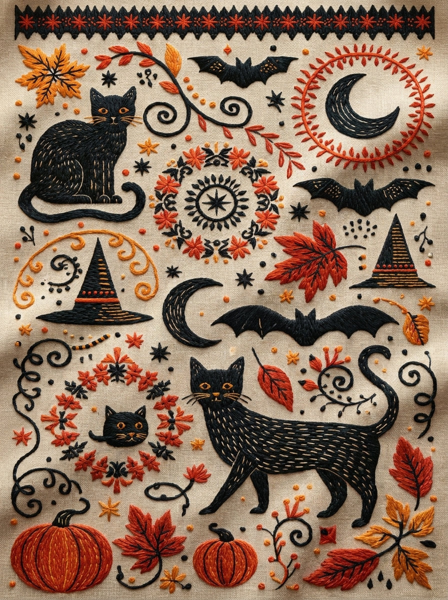 Cats Bats Moons And Halloween from Halloween & Autumn Embroidery Book 4, a digital embroidery design reference for machine embroidery designs, embroidery patterns and seasonal embroidery motifs.