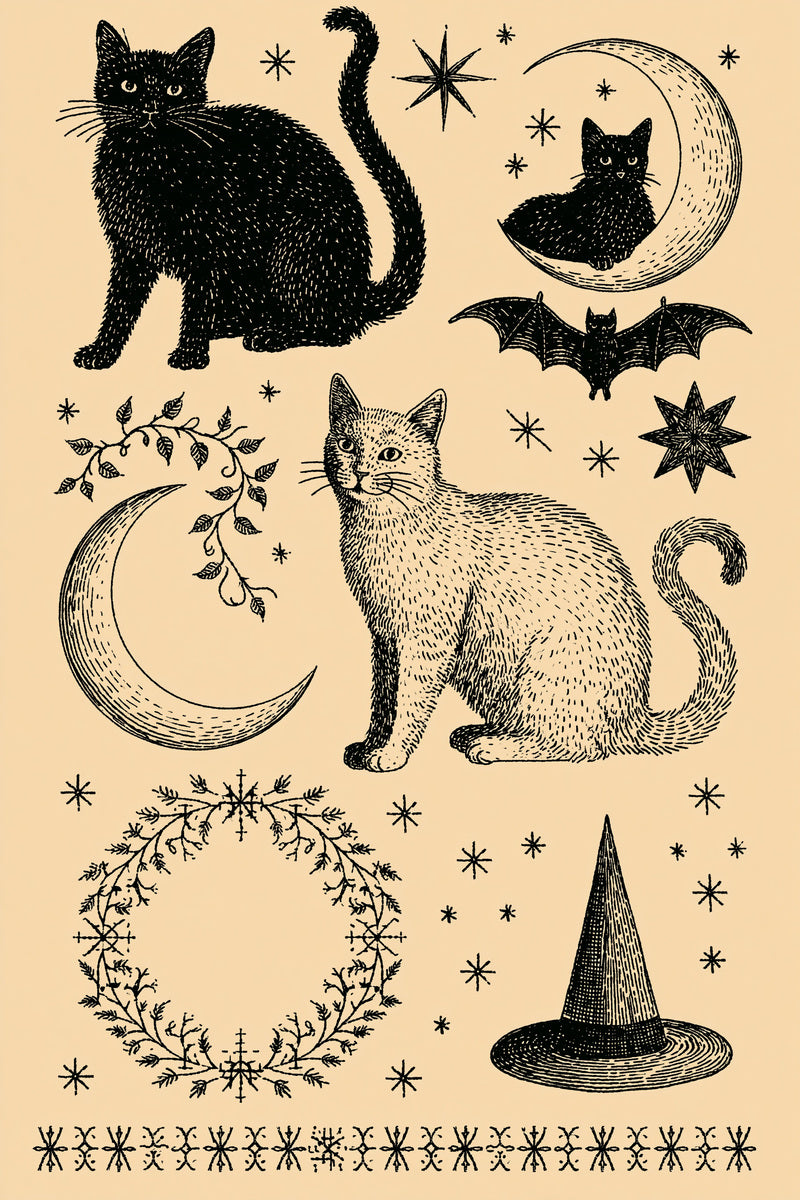 Cats Bats Moons And Symbols from Halloween & Autumn Embroidery Book 1, a digital embroidery design reference for machine embroidery designs, embroidery patterns and seasonal embroidery motifs.