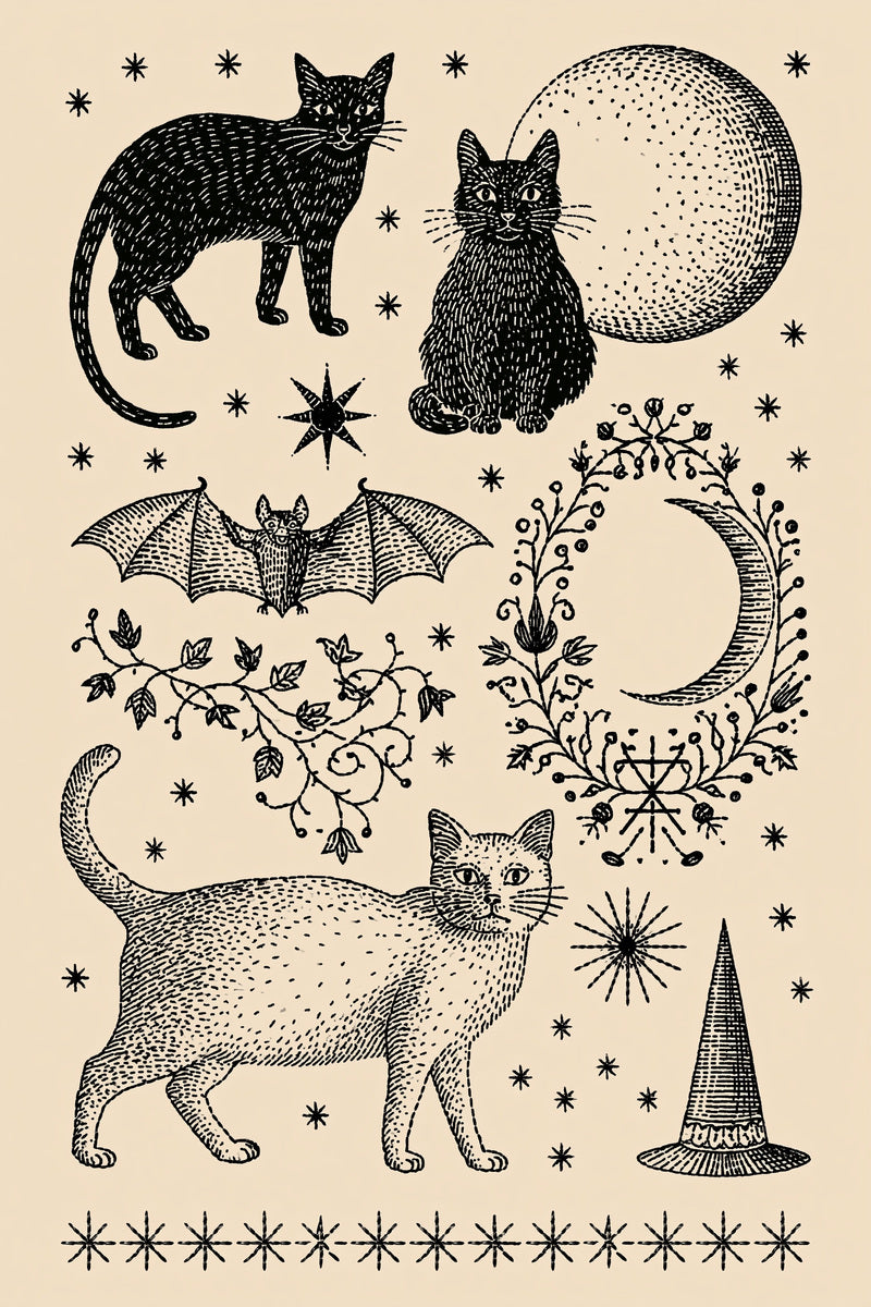 Cats Bats Moons And Symbols from Halloween & Autumn Embroidery Book 3, a digital embroidery design reference for machine embroidery designs, embroidery patterns and seasonal embroidery motifs.