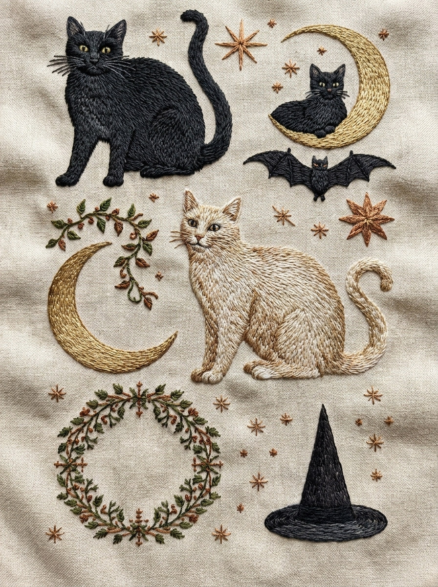 Cats Bats Moons And Symbols from Halloween & Autumn Embroidery Book 1, a digital embroidery design reference for machine embroidery designs, embroidery patterns and seasonal embroidery motifs.