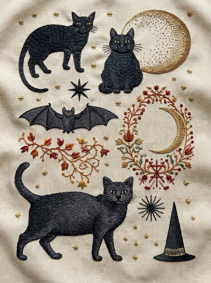 Cats Bats Moons And Symbols from Halloween & Autumn Embroidery Book 3, a digital embroidery design reference for machine embroidery designs, embroidery patterns and seasonal embroidery motifs.