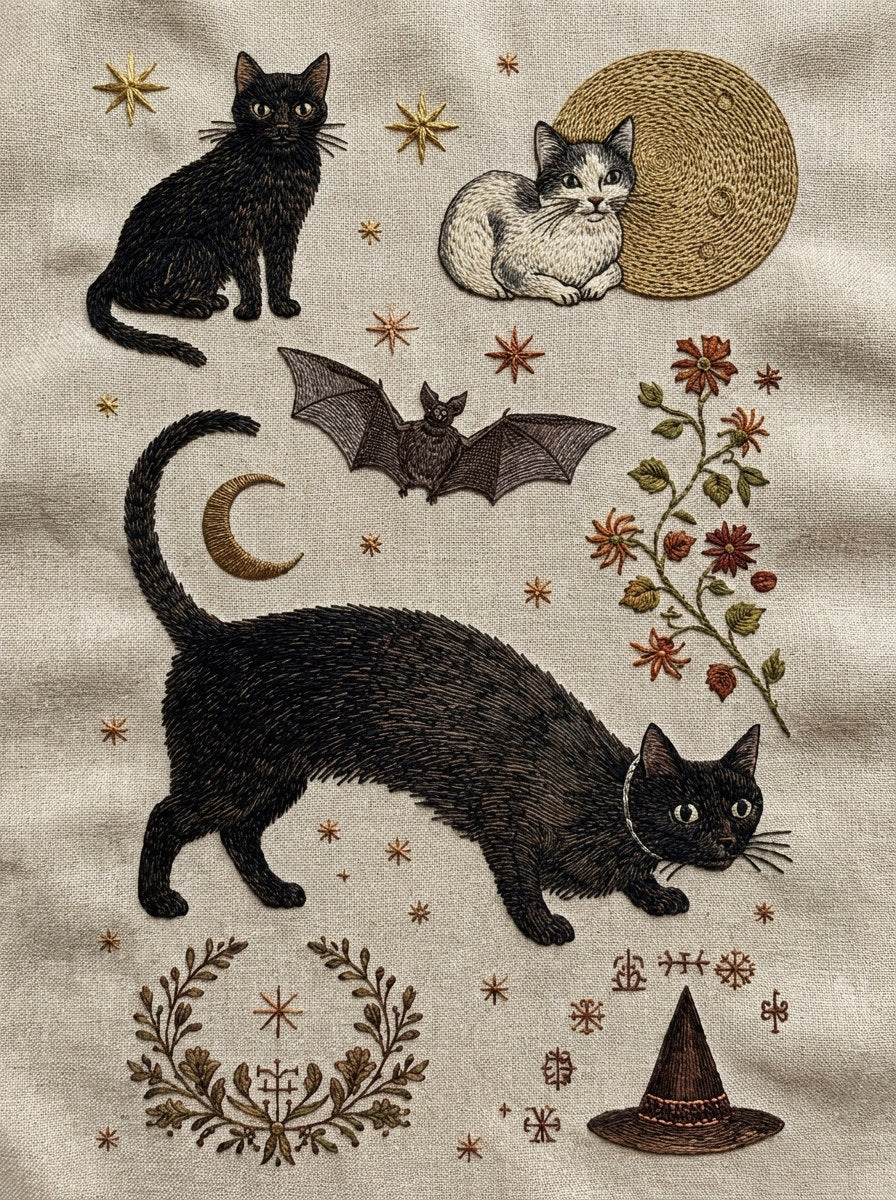 Cats Bats Moons And Symbols from Halloween & Autumn Embroidery Book 2, a digital embroidery design reference for machine embroidery designs, embroidery patterns and seasonal embroidery motifs.