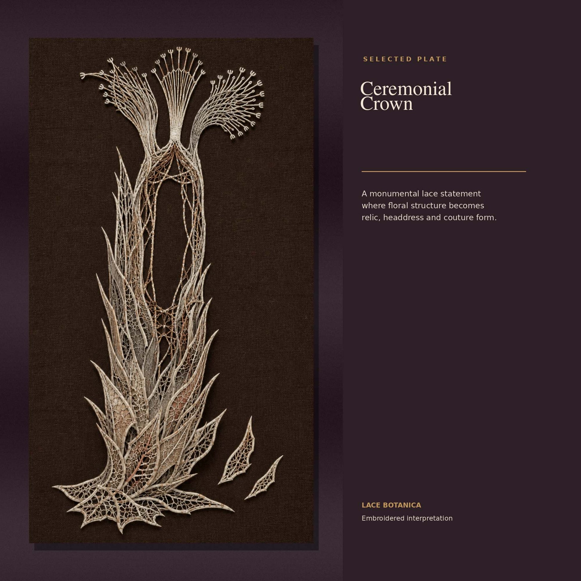 Ceremonial crown embroidered guipure lace artwork on dark textile
