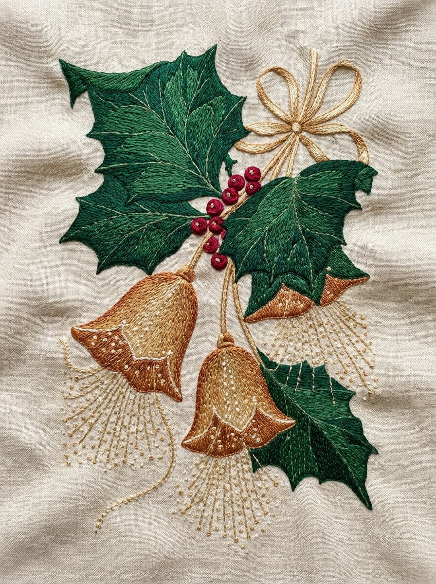 Christmas Bells And Holly Motif from Christmas Embroidery Collection Book 4, a digital embroidery design reference for machine embroidery designs, embroidery patterns and seasonal embroidery motifs.