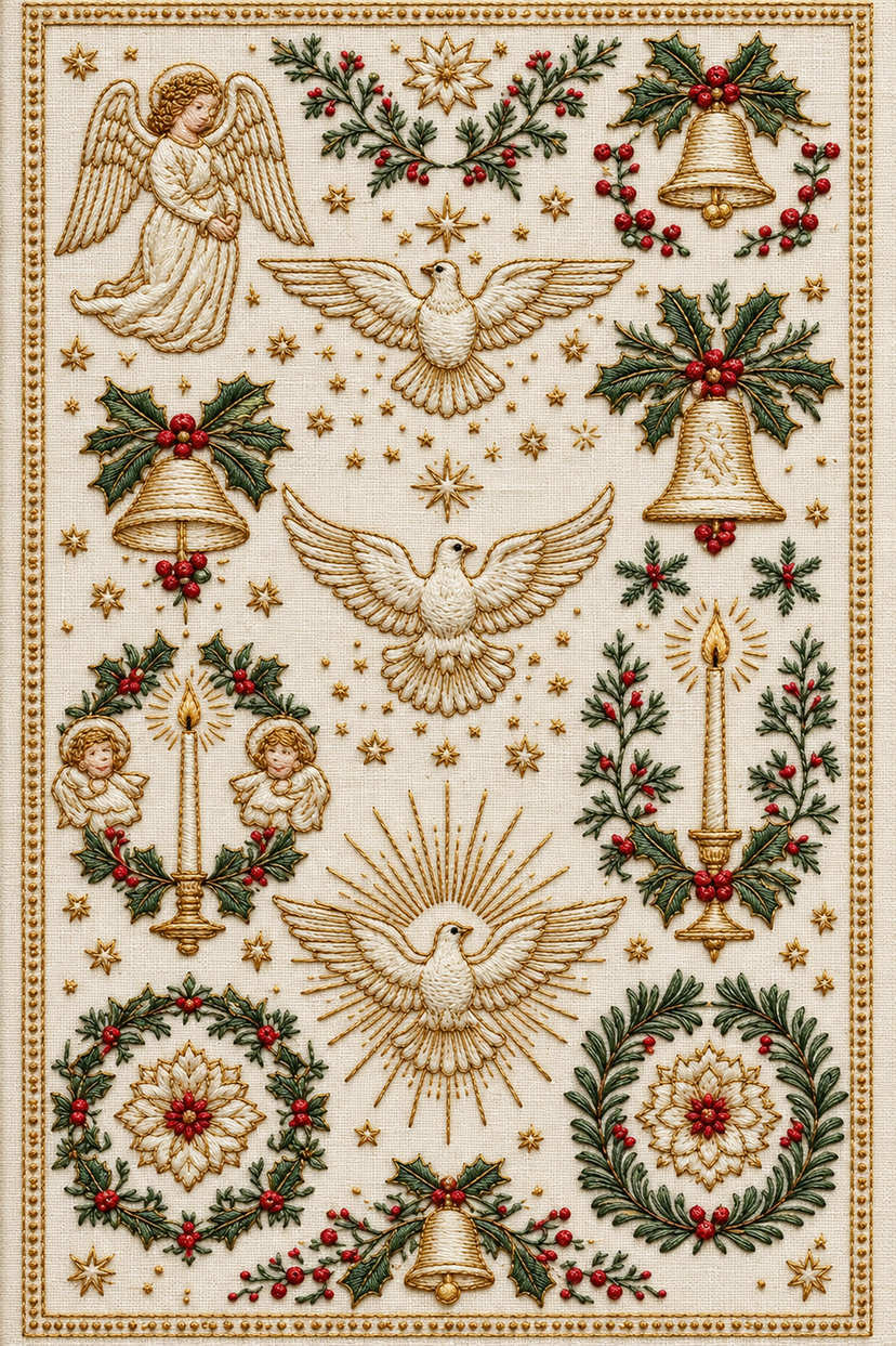 Fine Christmas embroidery sampler with angels, three doves, holly bells, candles and circular floral wreaths on ivory linen. Textile visualization from Christmas Embroidery Collection Edition 1, a digital PDF design book.