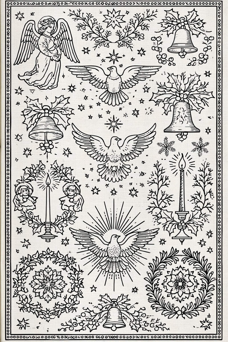 Original christmas sacred motif sampler design plate from Christmas Embroidery Collection Edition 1, a digital PDF embroidery design book.
