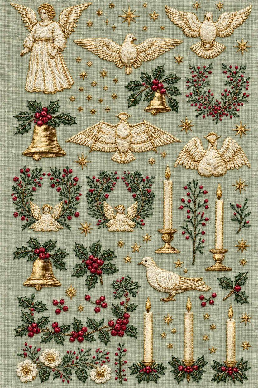 Christmas angel, dove, holly bell and candle motif sampler rendered in fine ivory, evergreen and antique gold embroidery on pale sage linen. Textile visualization from Christmas Embroidery Collection Edition 1, a digital PDF design book.