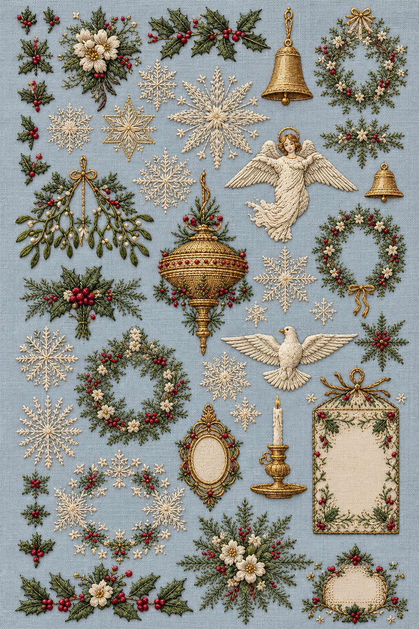 Vintage Christmas ornament sampler with snowflakes, wreaths, an angel, dove, bells, candle and ornate frames in fine embroidery on dusty blue linen. Textile visualization from Christmas Embroidery Collection Edition 1, a digital PDF design book.